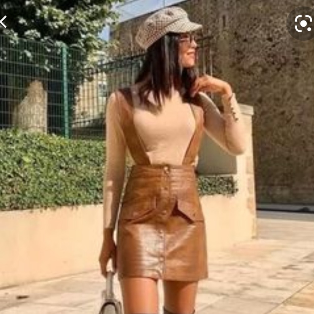 Brown leather mini skirt suspenders NWT Zara